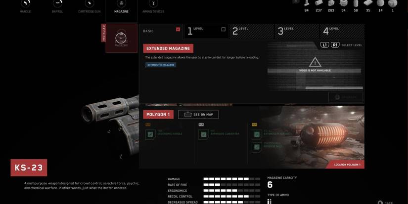 A player upgrading their KS-23 with an Extended Magazine in Atomic Heart