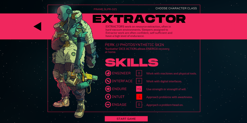 Screenshot of the Extractor introduction screen in Citizen Sleeper
