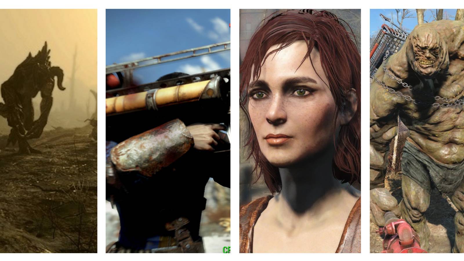 fallout deathclaw, a fat man, cait, and a super mutant behemoth