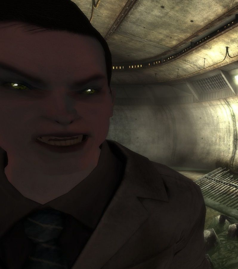 Screenshot from a Fallout: New Vegas mod showing a close-up of someone with vampirism.