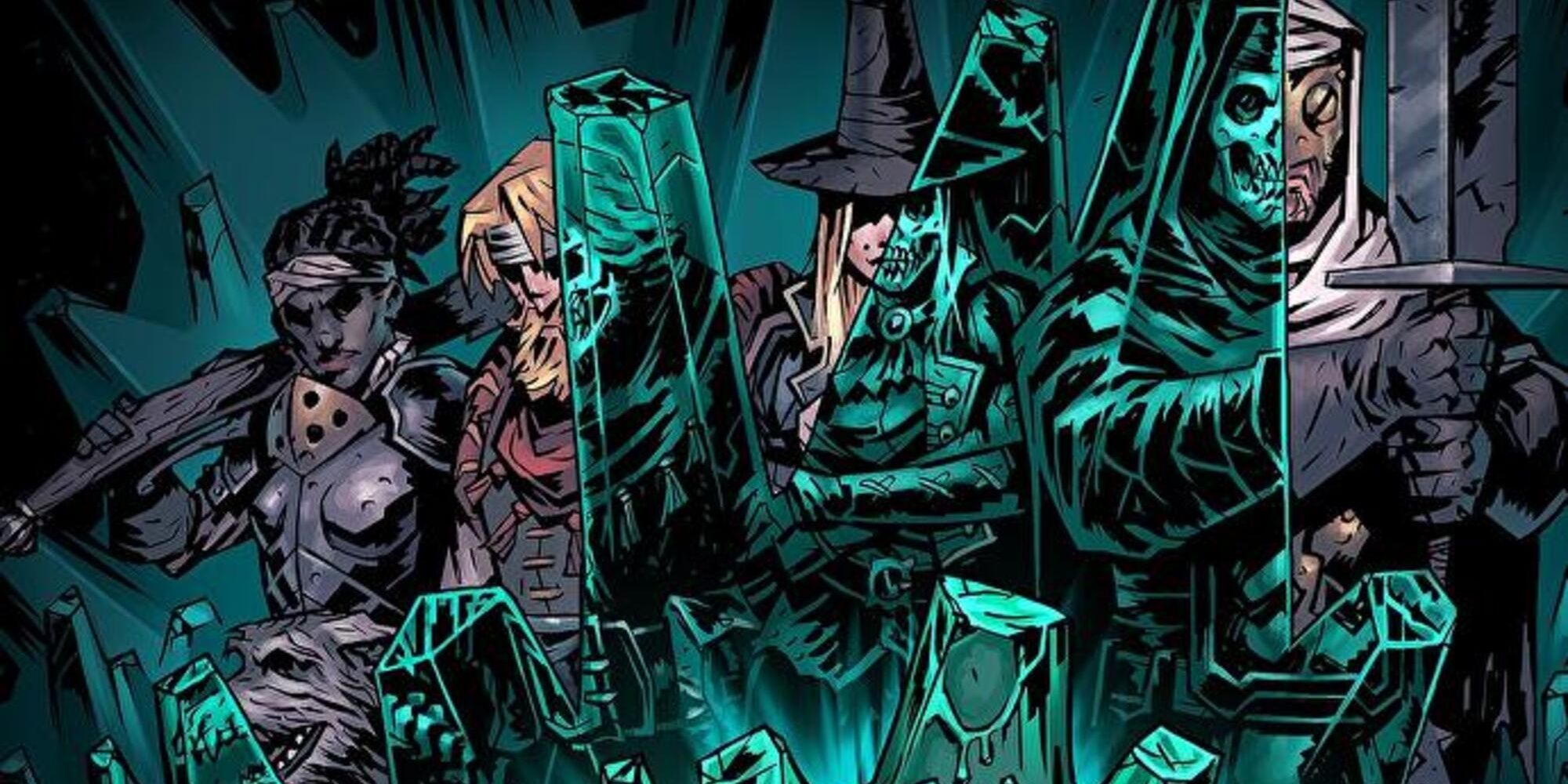 Arbalest, Houndmaster, Grave Robber, and Leper in promotional art for Darkest Dungeon's 