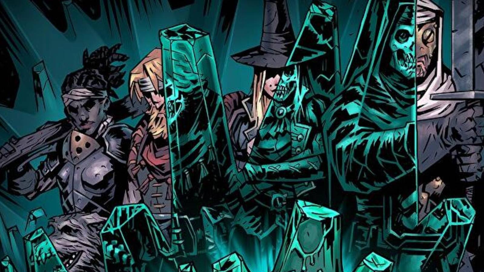 Arbalest, Houndmaster, Grave Robber, and Leper in promotional art for Darkest Dungeon's 