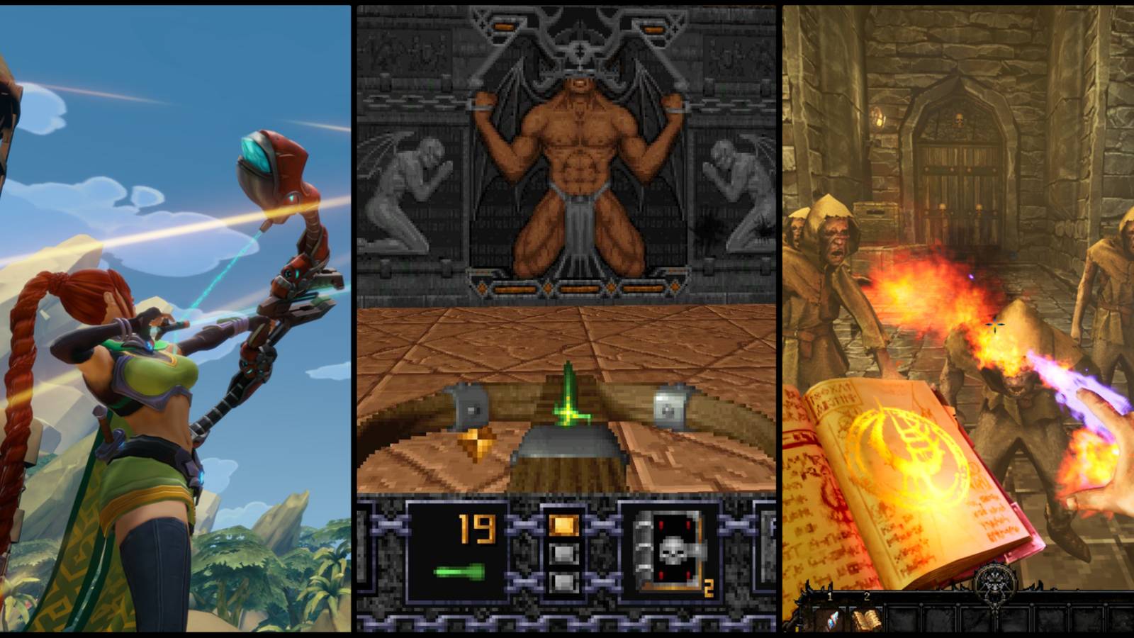 screenshots from Paladins, Heretic, and Graven