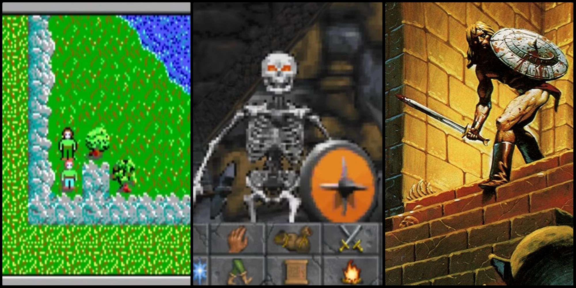 screenshots from Wasteland, Daggerfall, and Ultima Underworld