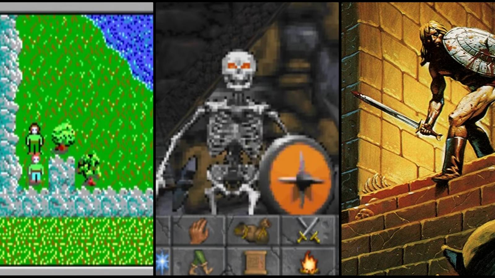 screenshots from Wasteland, Daggerfall, and Ultima Underworld