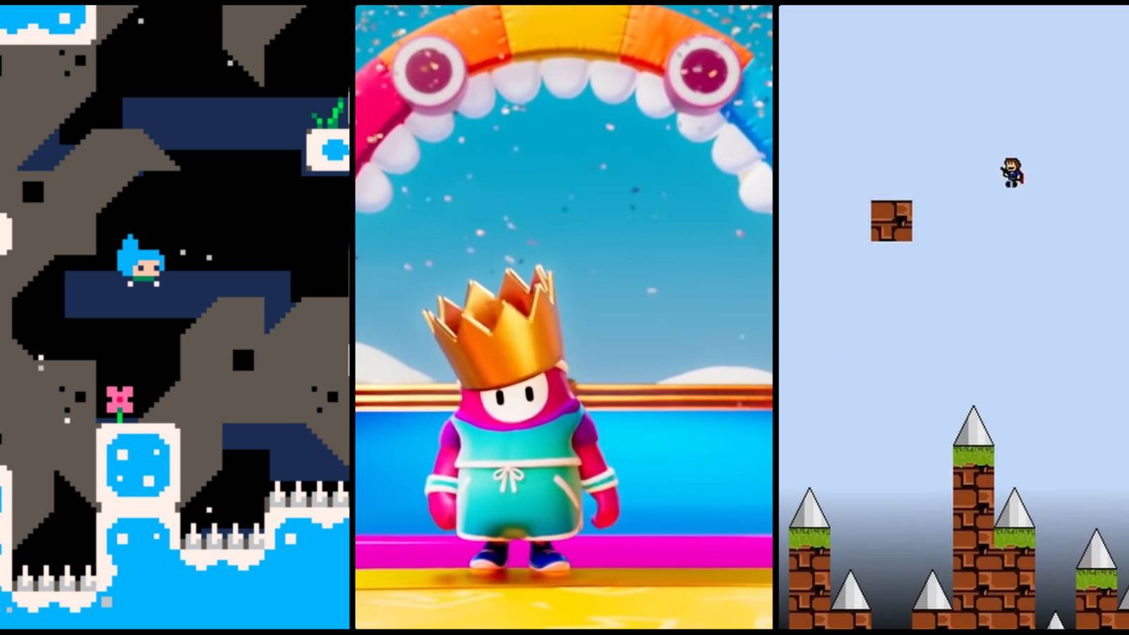 Pictures from Celeste Classic, Fall Guys, and I Wanna Be the Guy