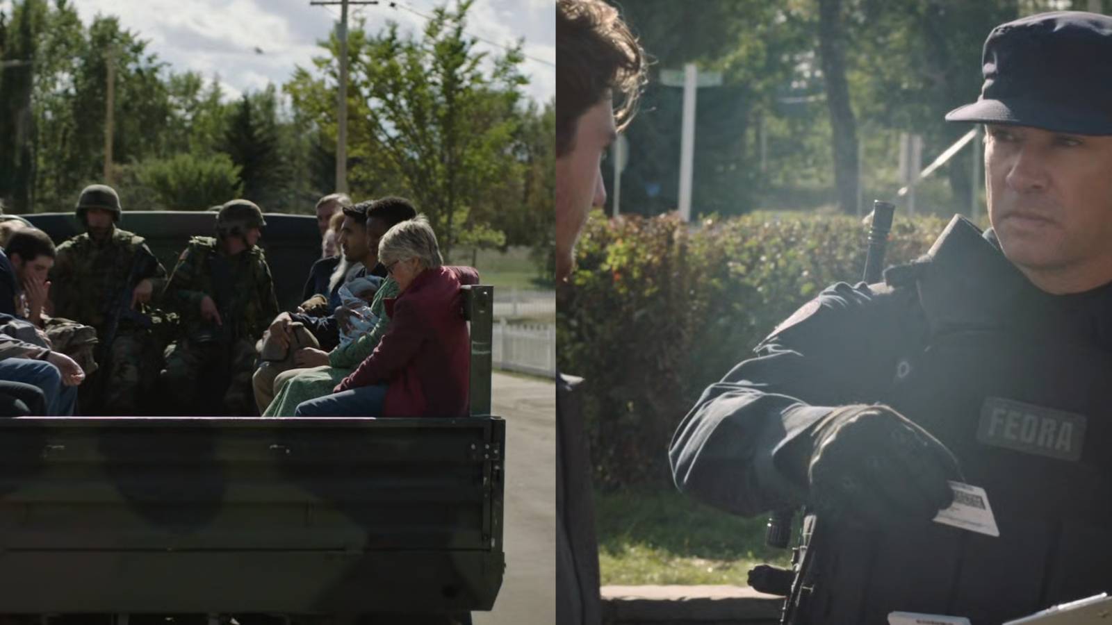 Split feature image showing FEDRA and US citizens in The Last of Us.