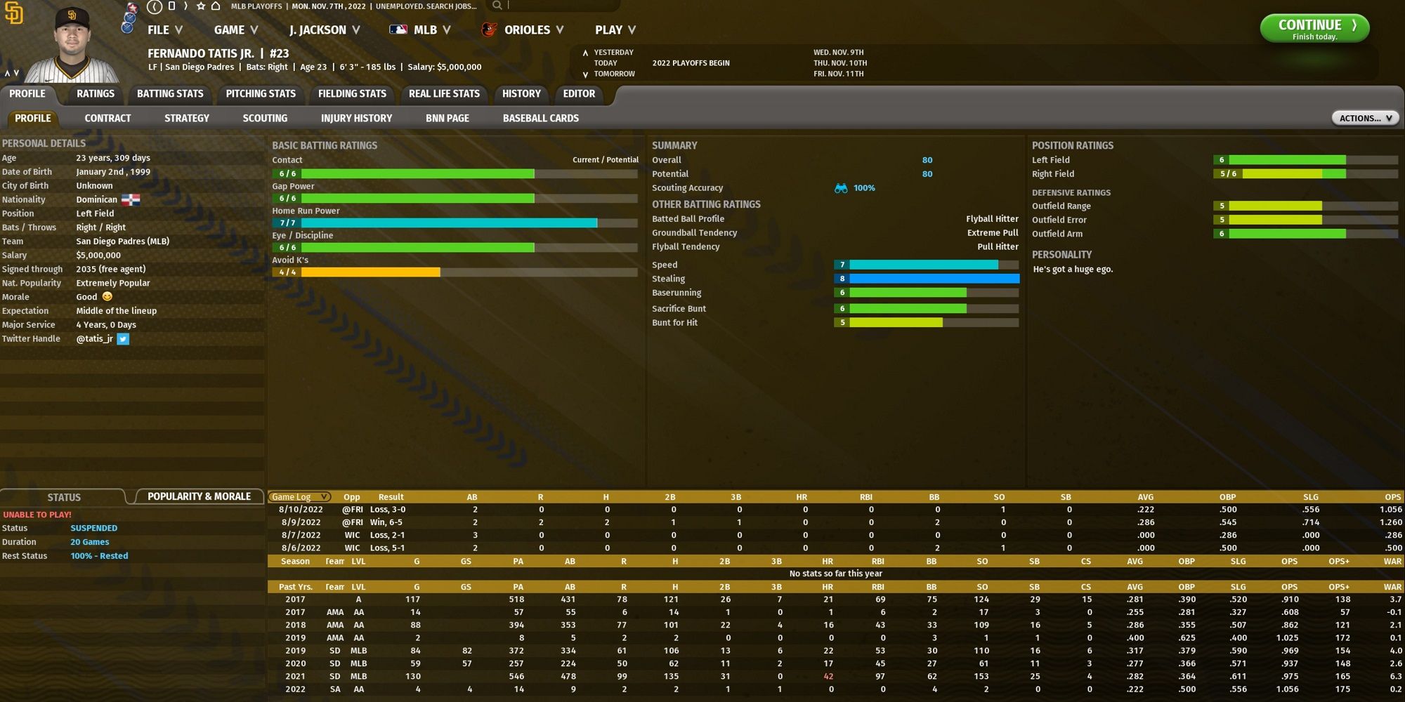 Player profile of Fernando Tatis Jr. in OOTP 23