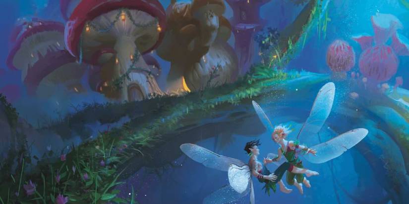 Two fairies floating in front of a few mushroom houses. 