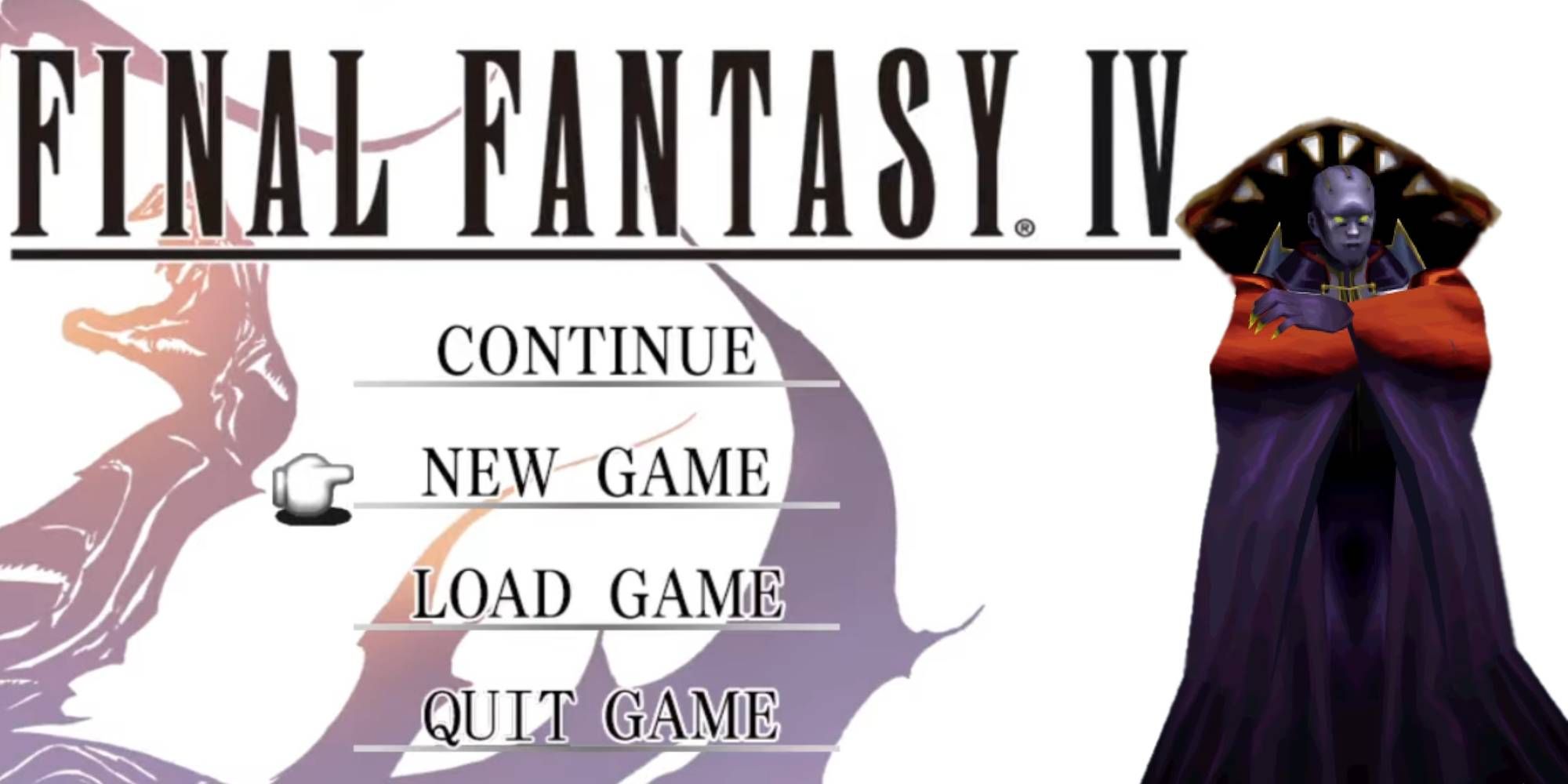 Zemus floating to the right of the Final Fantasy 4 in game menu screen