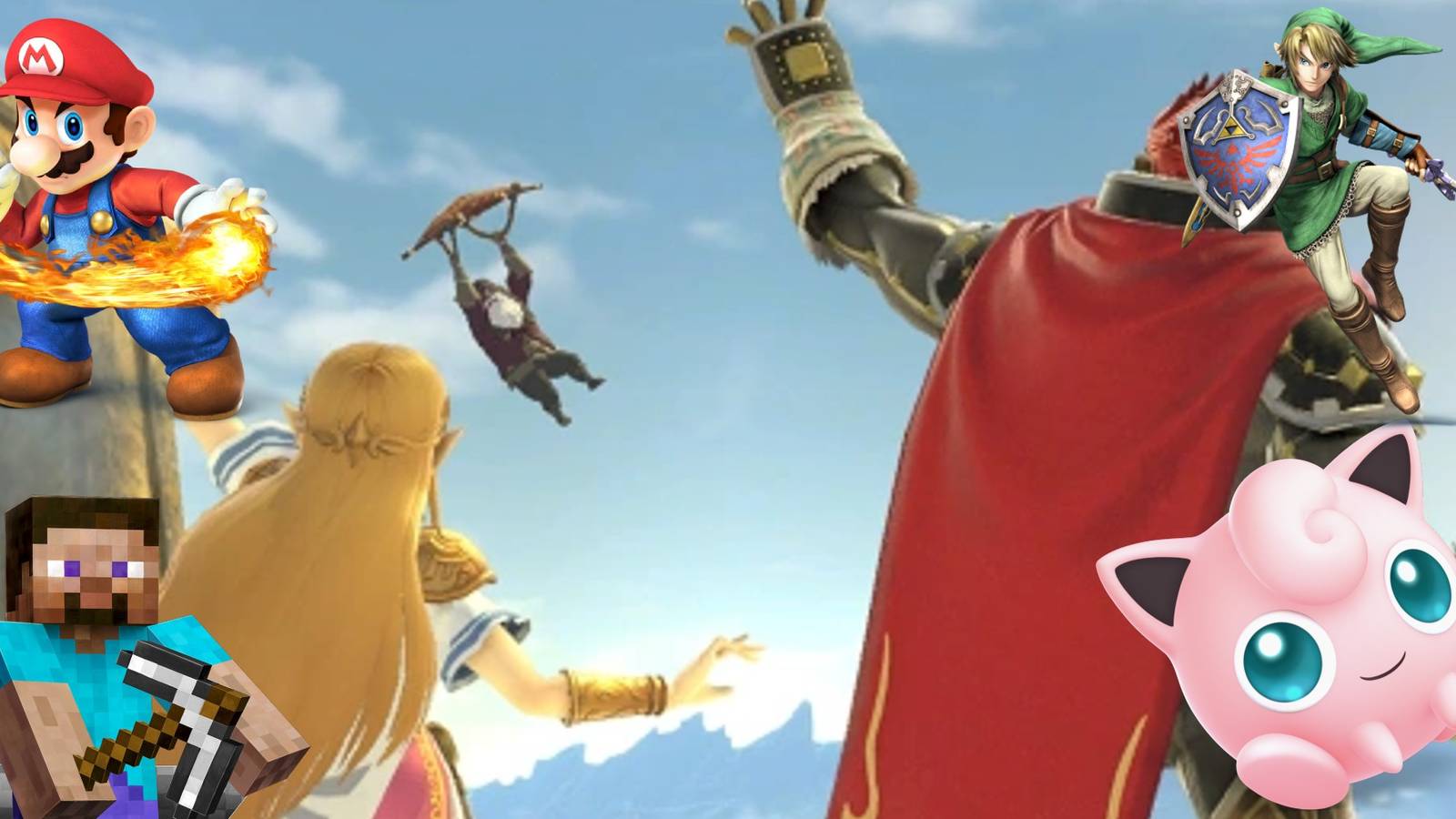 Smash Bros. Ultimate characters (Link, Jigglypuff, Mario, Steve, Ganon, Zelda)