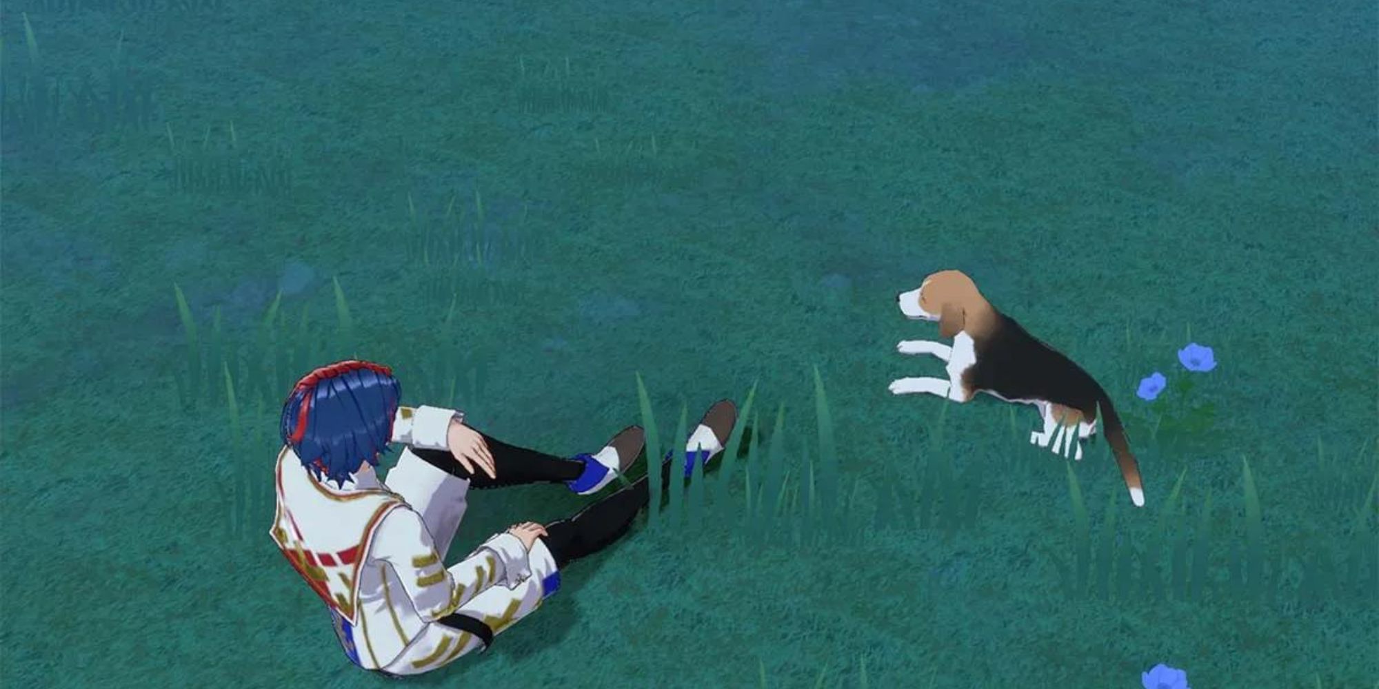 Alear sitting with a dog in Fire Emblem Engage 