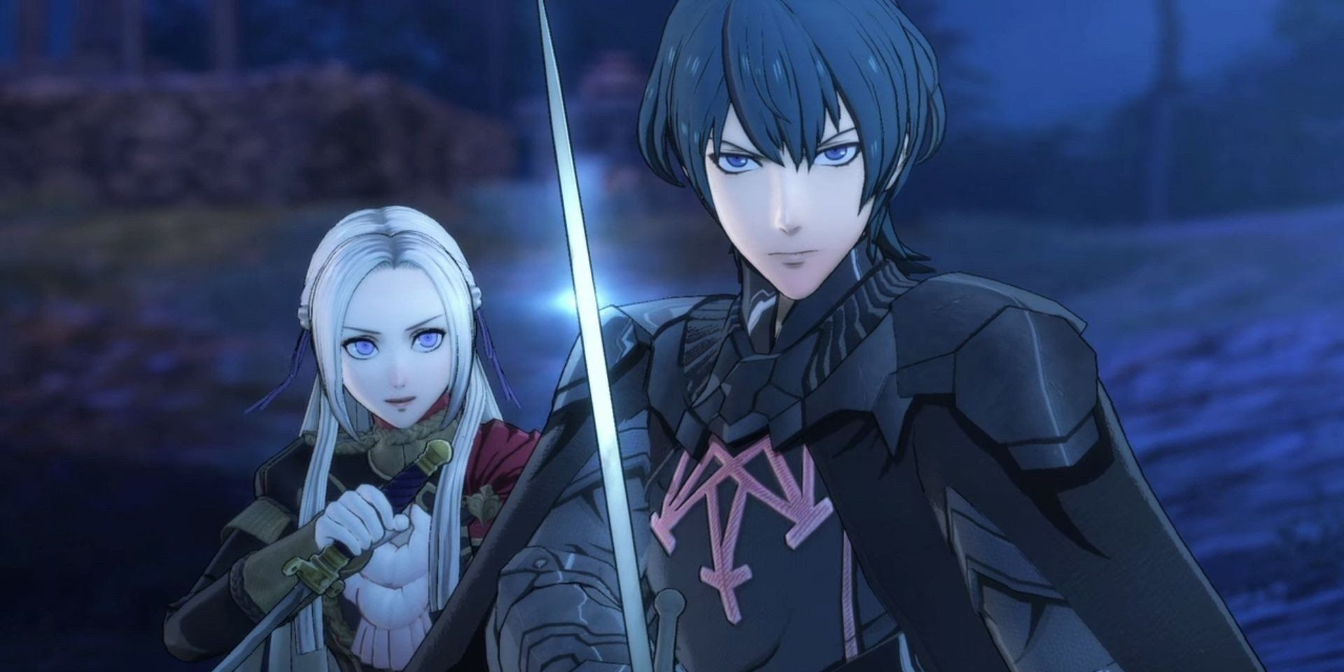A cutscene between Byleth and another character in Fire Emblem: Three Houses