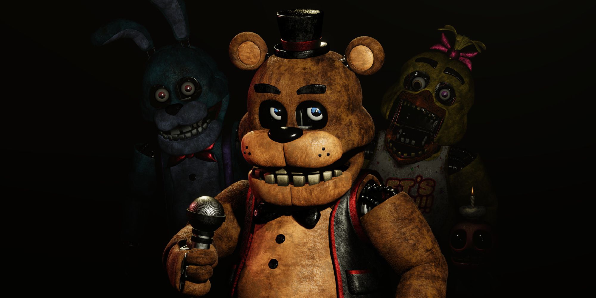 Freddy stabds looking at the viewer with a microphone in one hand. Chica and Bonnie are barely visible in the darkness behind him