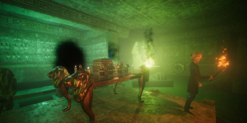 A dark room filled with treasure, being explored by one of the spelunkers as a dark shadow manifests.