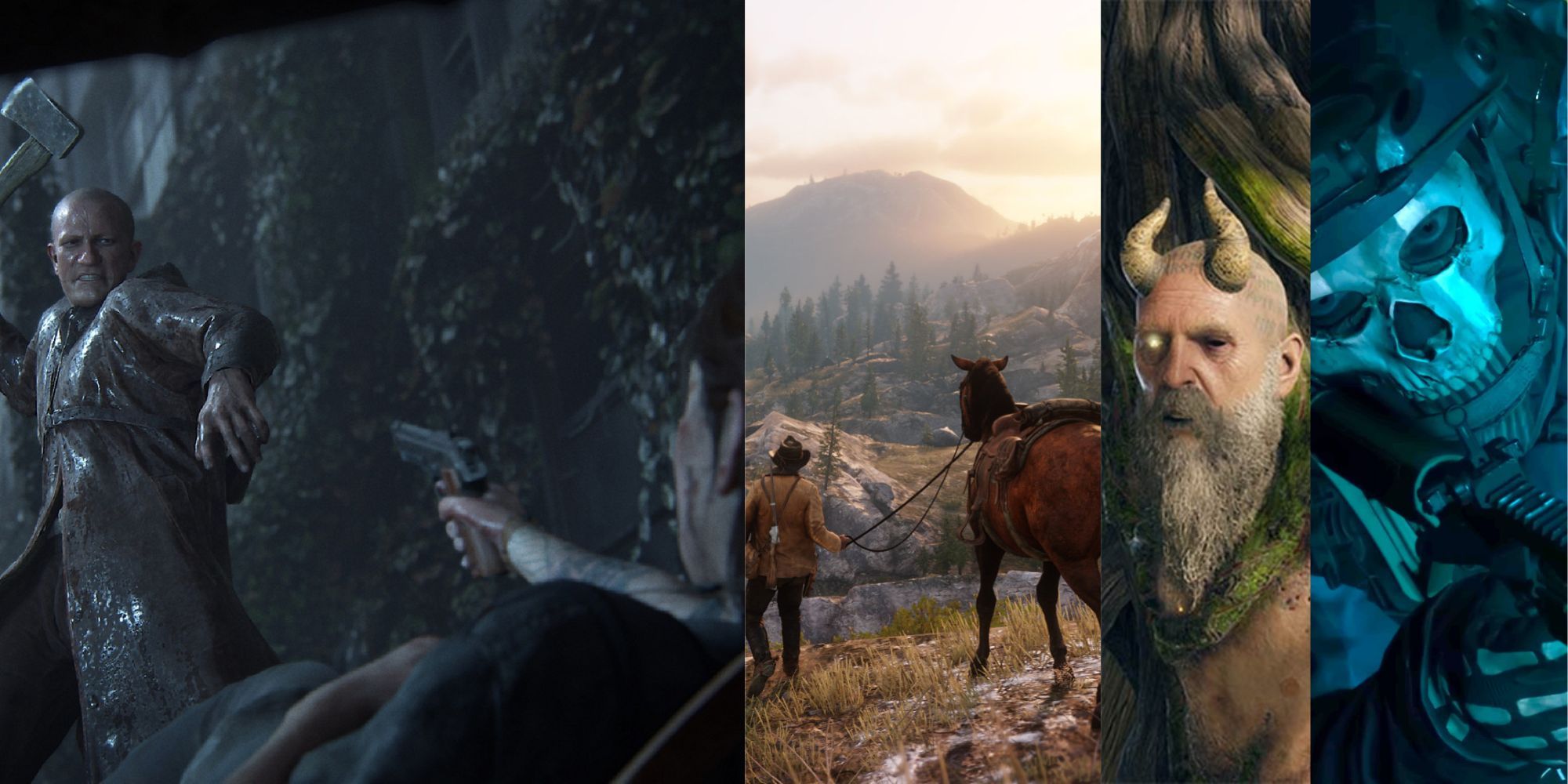 Four Frames Containing Ghost, Mimir, A Horse And A Man, And Ellie Defending Herself From an Enemy