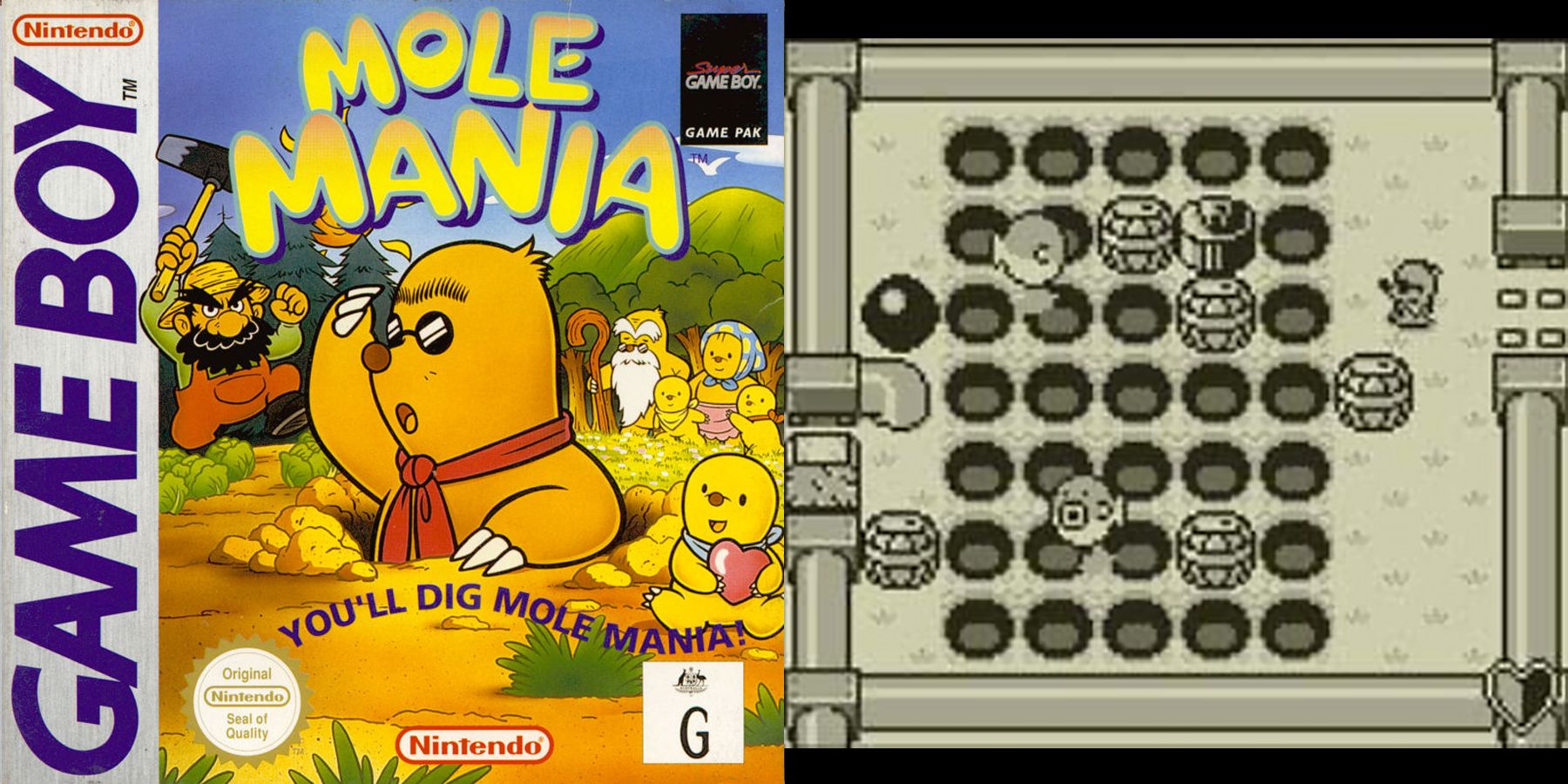 Game Boy Mole Mania cover art and screenshot.