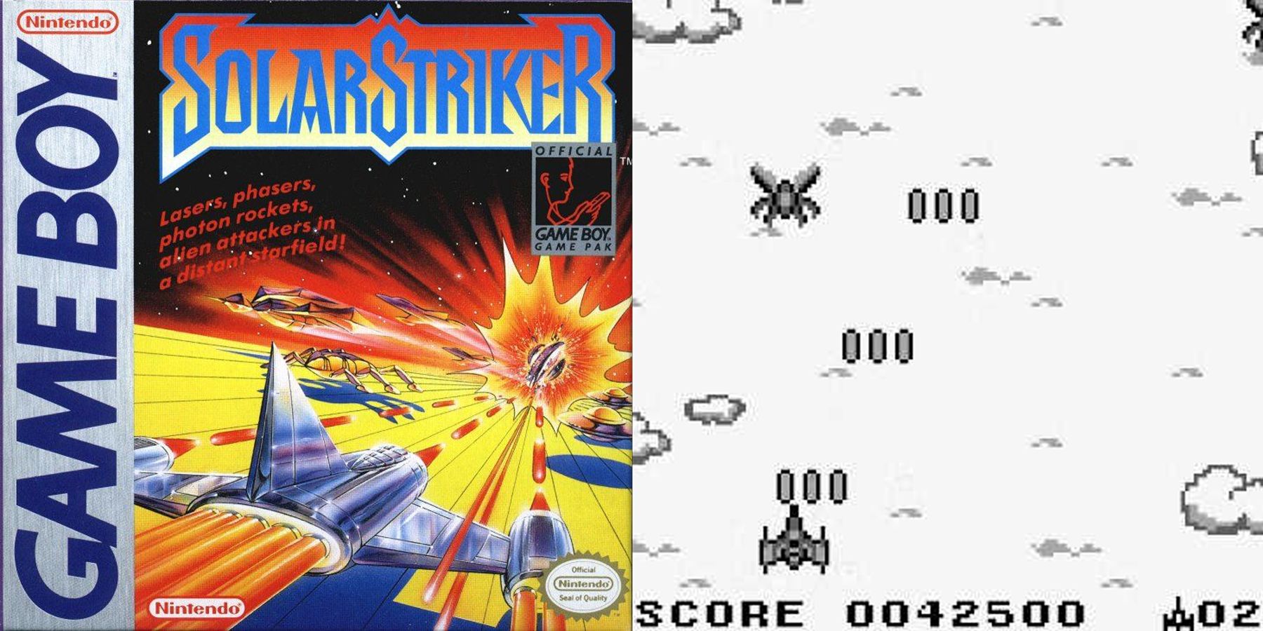 Solar Striker Game Boy cover art and screenshot.