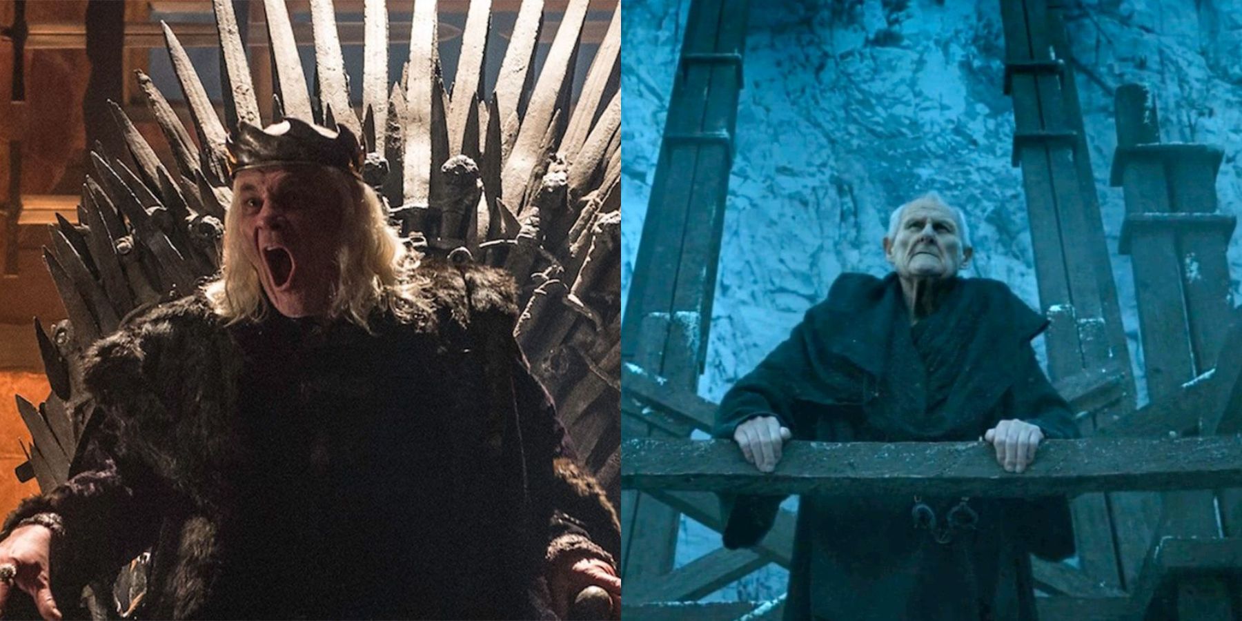 Split image of the Mad King and Maester Aemon Targaryen of the Night's Watch in Game of Thrones.