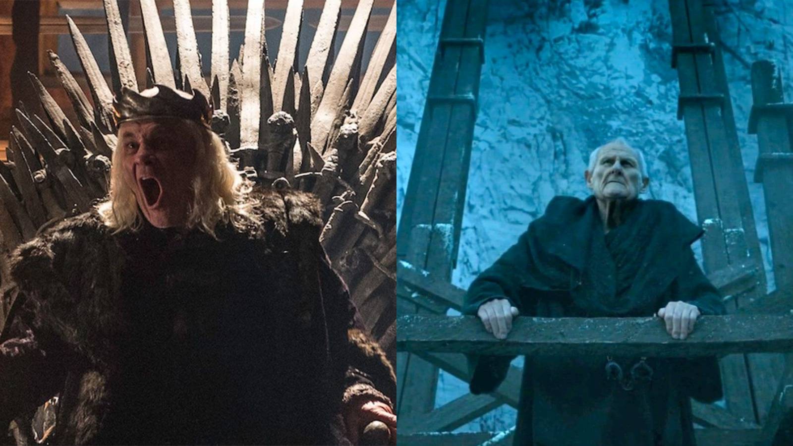 Split image of the Mad King and Maester Aemon Targaryen of the Night's Watch in Game of Thrones.