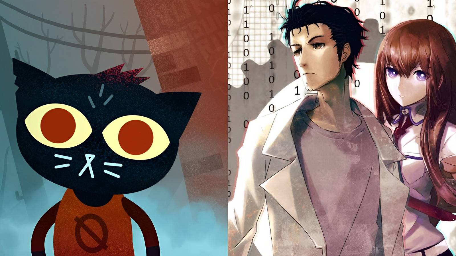 A split image with Mae from Night in the Woods and Okabe and Mikase from the Steins;Gate visual novel
