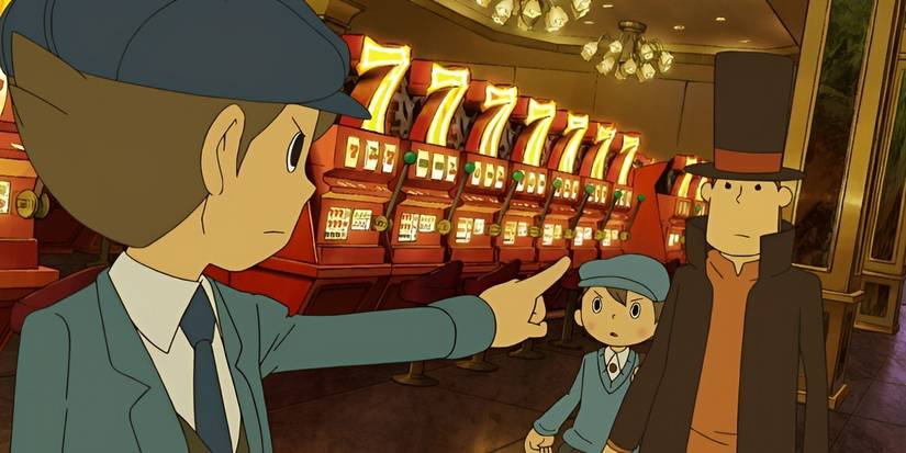 Luke, Layton, and Future Luke in the Gilded 7 Casino 