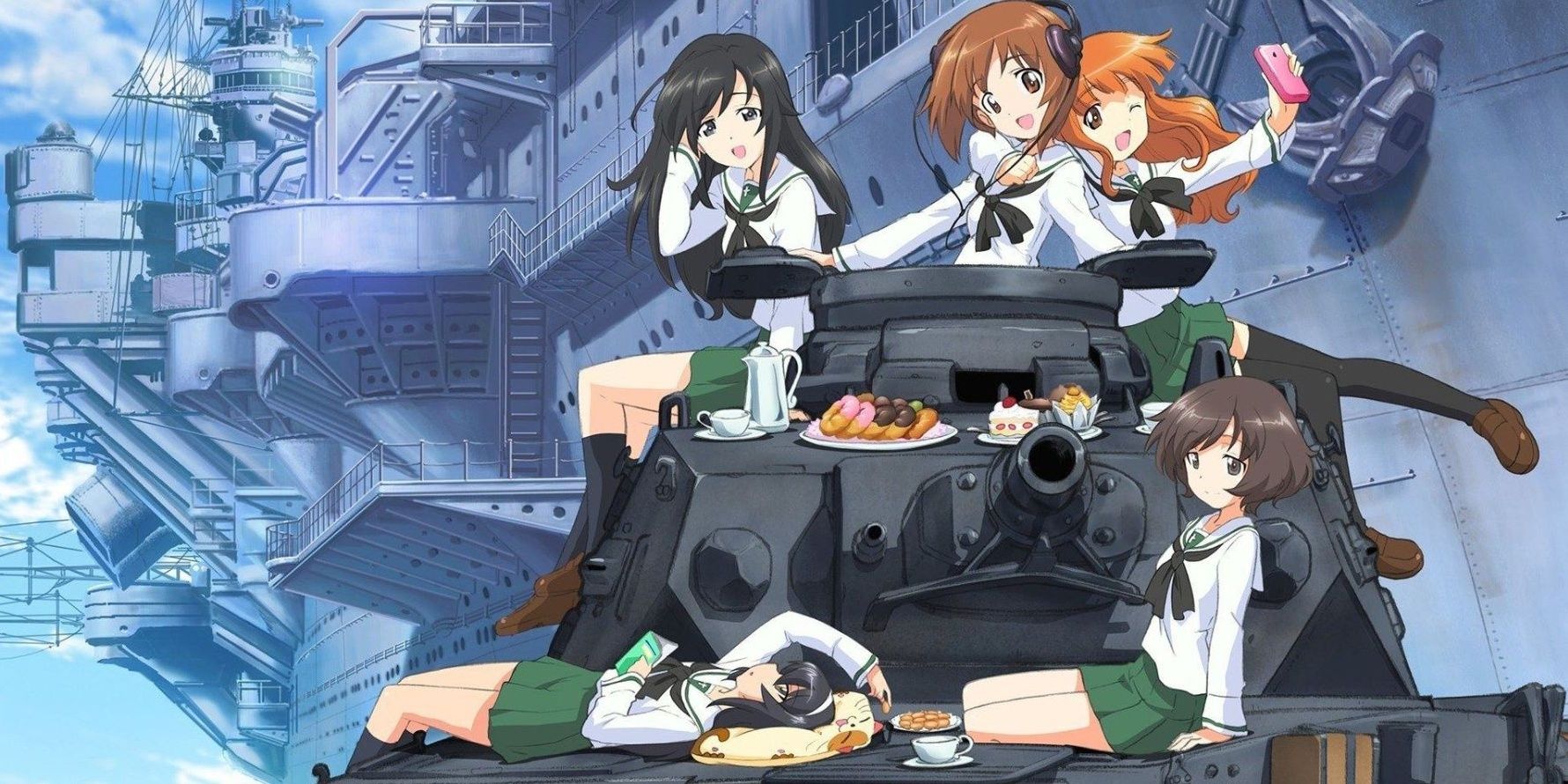 Five girls from Girls und Panzer sitting on a tank