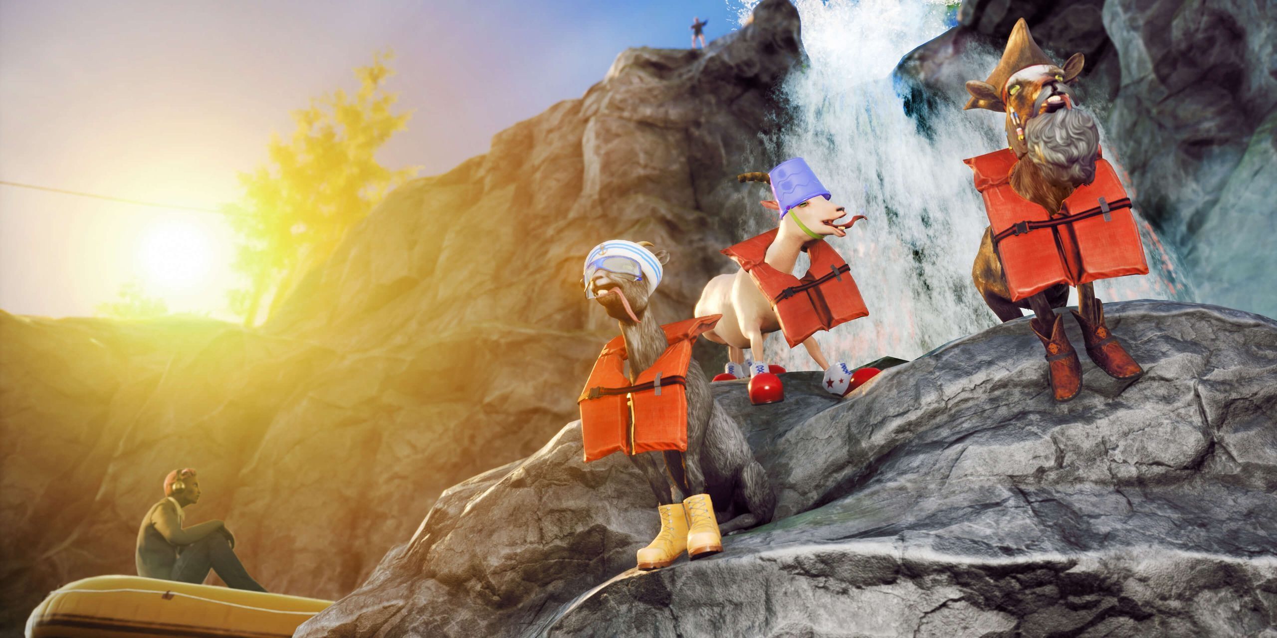 Three goats with life preservers and funny outfits on in Goat Simulator 3