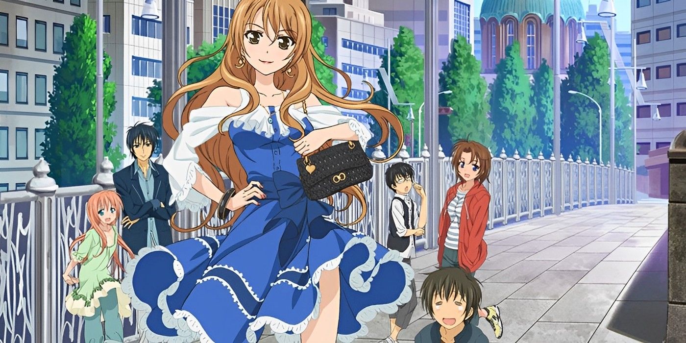 Kouko from Golden Time in a stylish blue dress with her friends beside her