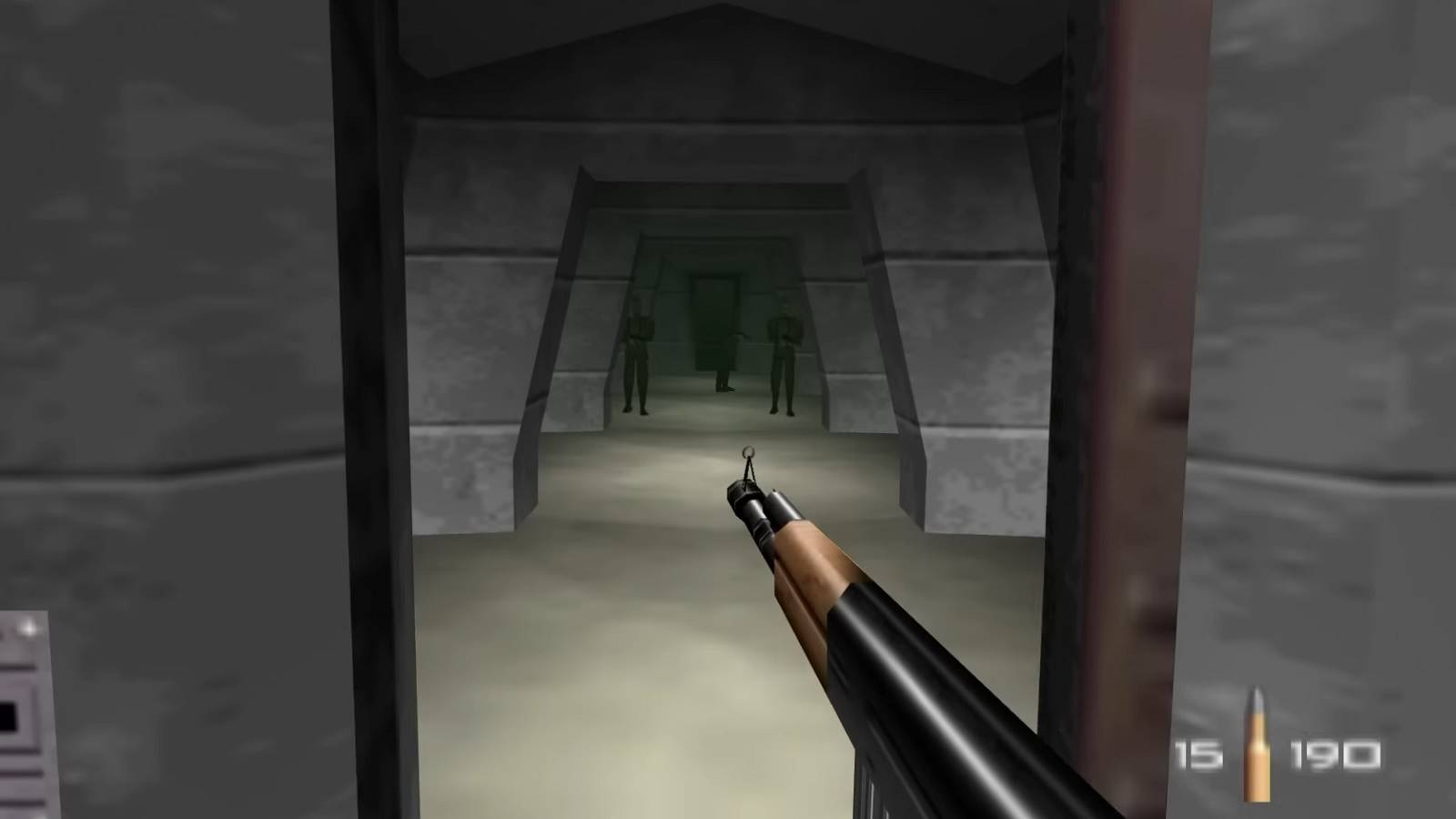 Image from Goldeneye 007 showing James Bond about to fire down a corridor filled with enemies.
