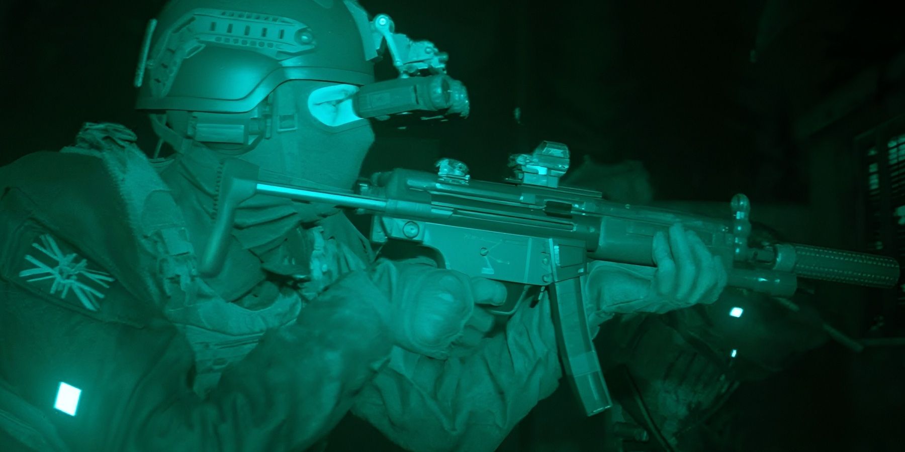 The player facing a solider with a night vision filter in Call of Duty: Modern Warfare (2019)