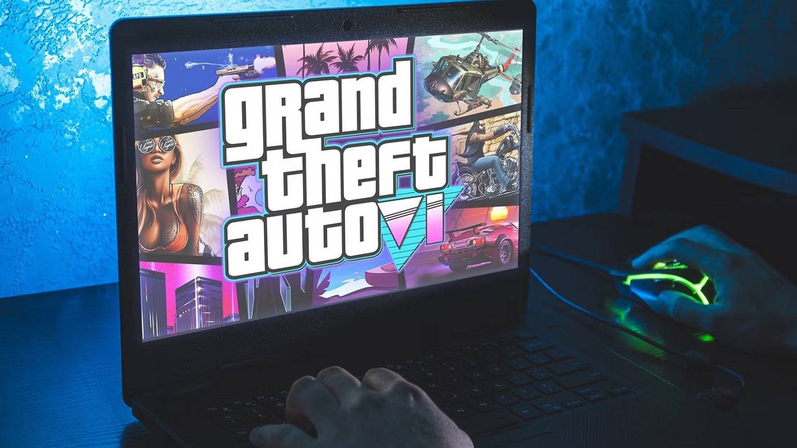 Photo of a laptop with a Grand Theft Auto 6-style image on the screen.