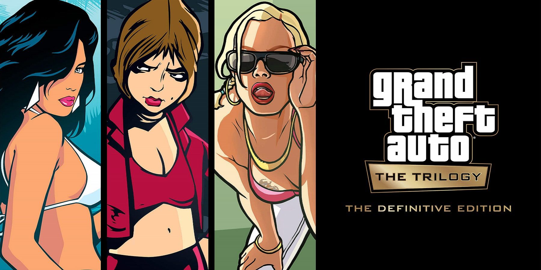 Image from the Grand Theft Auto Trilogy showing the women from GTA 3, Vice City and San Andreas.