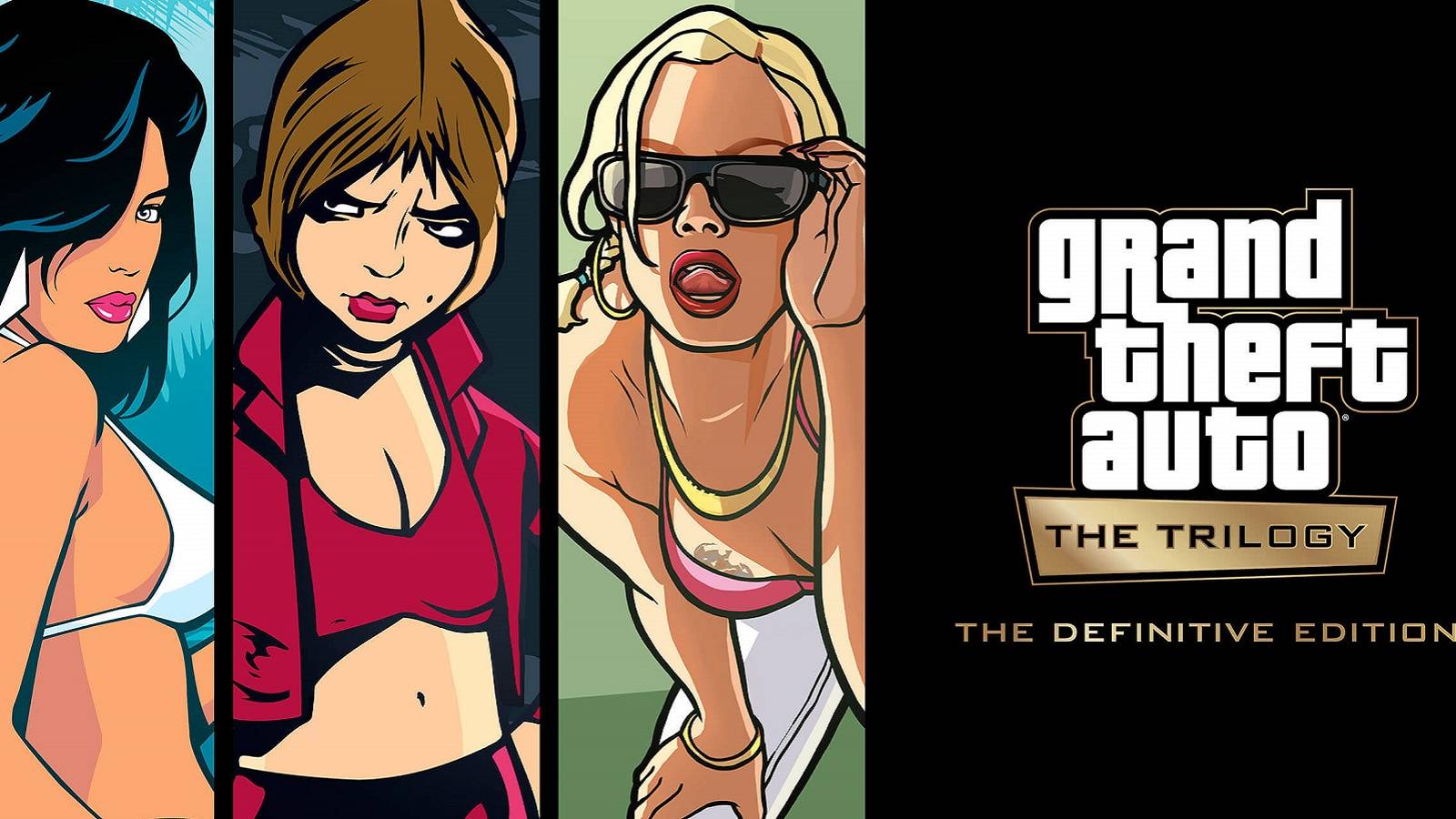Image from Grand Theft Auto Trilogy showing the women from GTA 3, Vice City, and San Andreas.