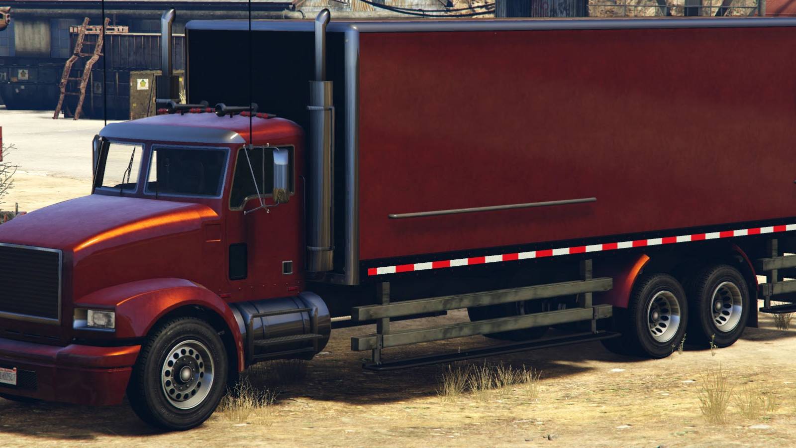 A Grand Theft Auto screenshot featuring a red Pounder Custom truck.
