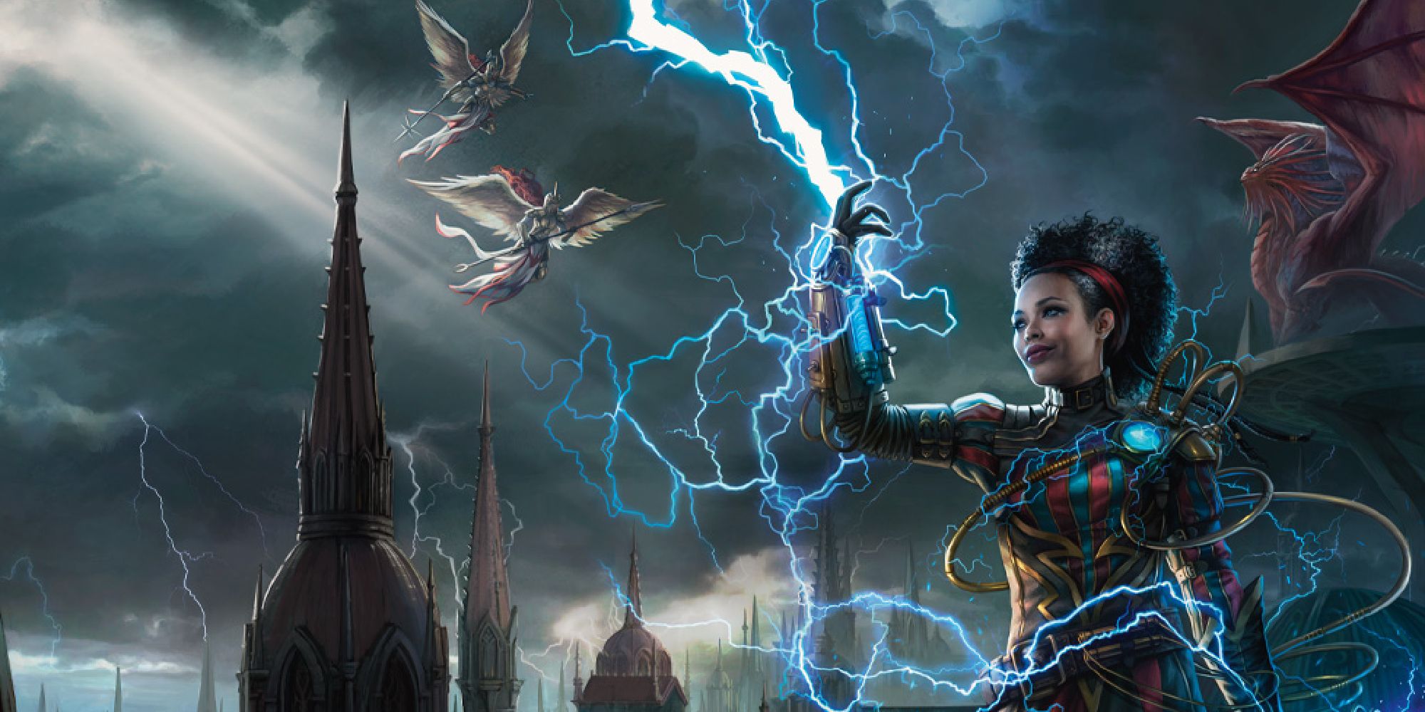 A woman summons lightening to her hand, the spires of buildings and winged creatures rising in the background. 