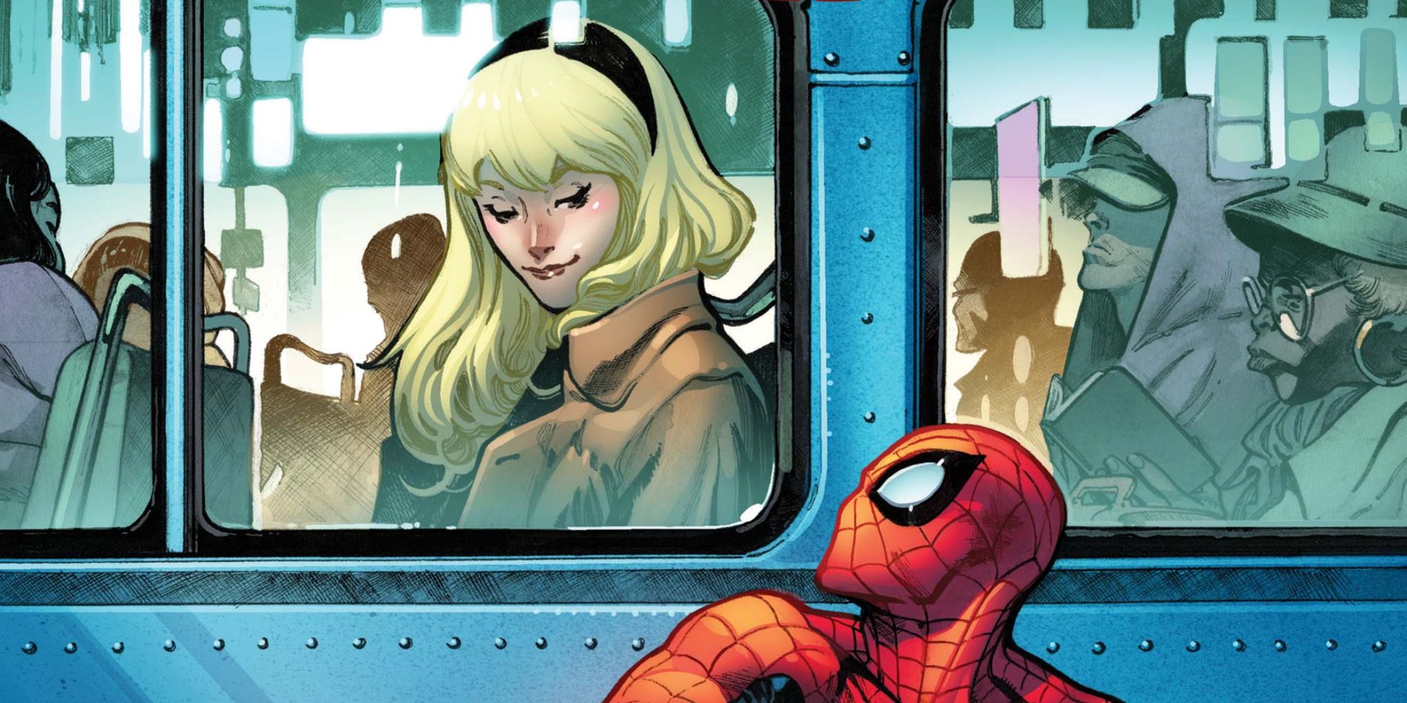 Gwen looking at Spider-Man in a comic cover