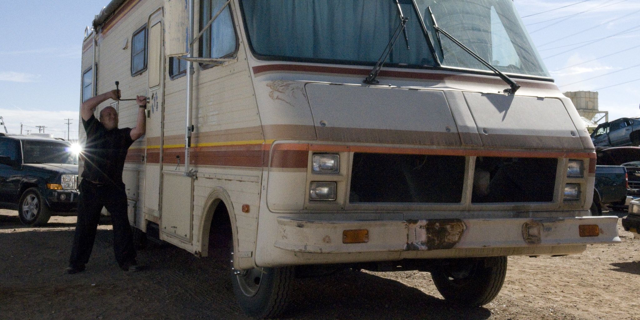 Hank trying to break into the iconic RV from Breaking Bad