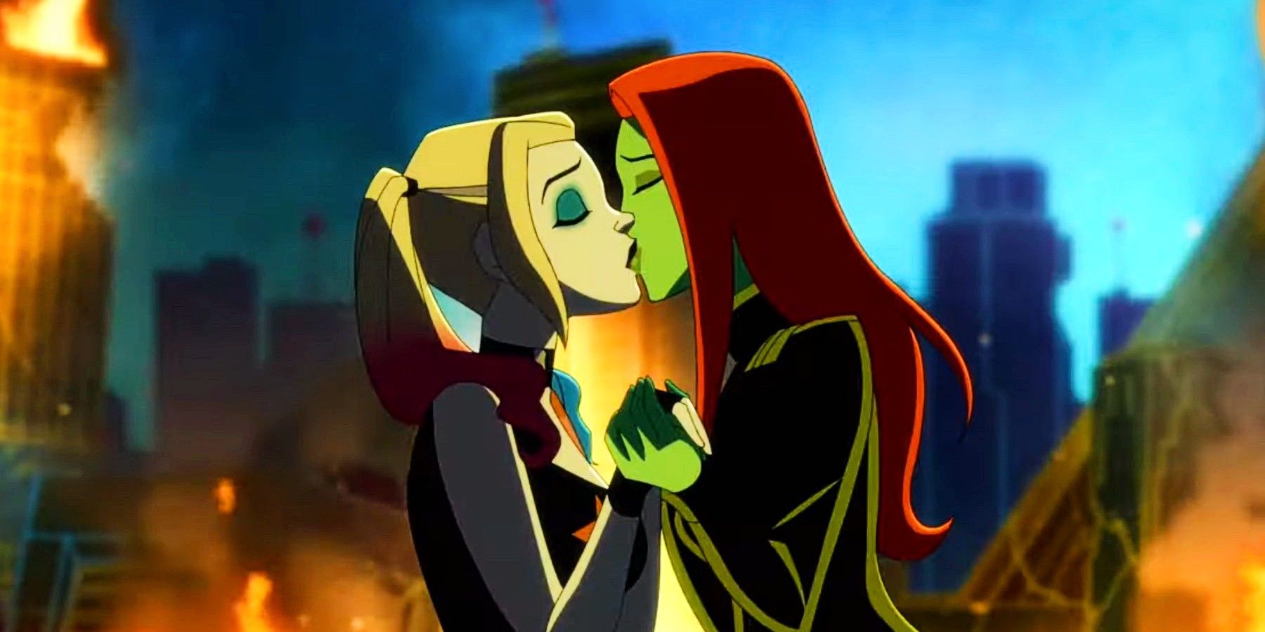 Harley Quinn Valentine's Day Special Poison Ivy kissing Gotham City burning