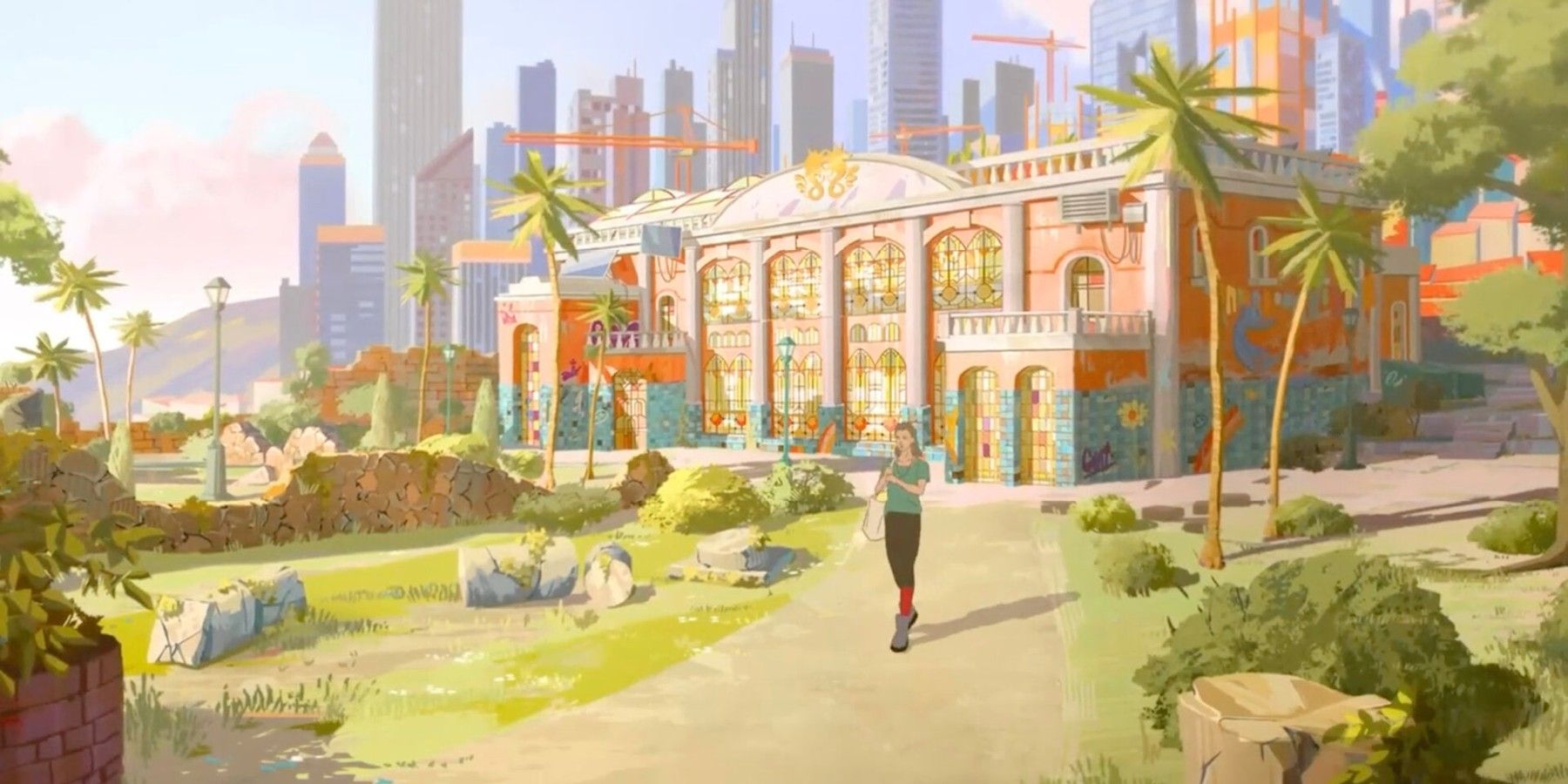 The protagonist walks along a path in the sun with a cityscape in the background