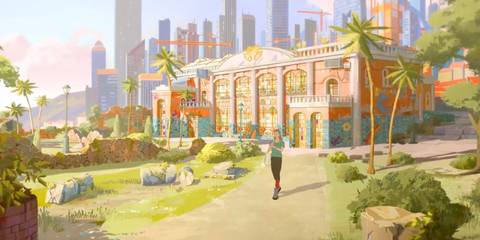 The protagonist walks along a path in the sun with a cityscape in the background