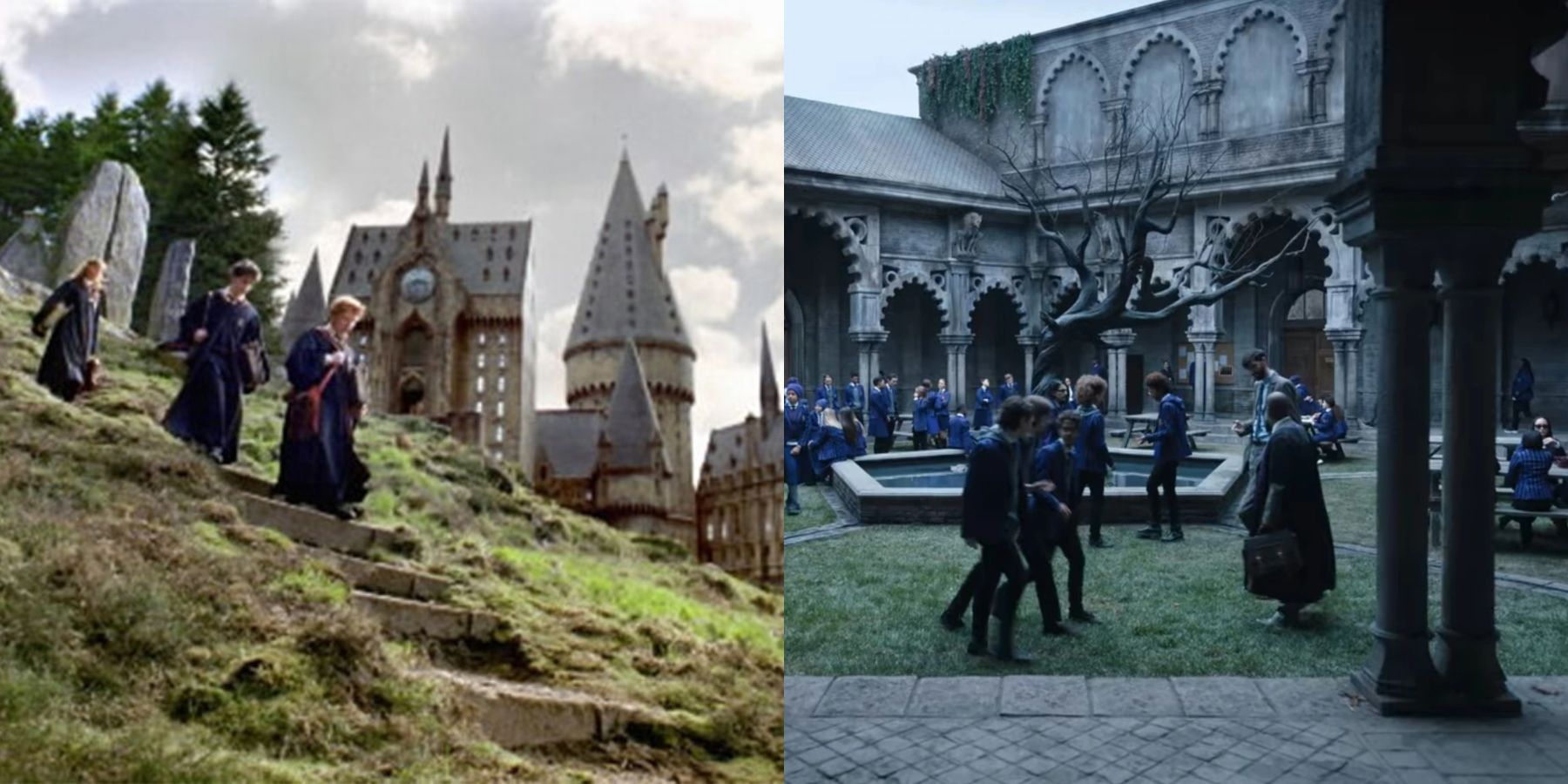 Split image of Hermione, Harry and Ron in Harry Potter and characters outside Nevermore on Wednesday 