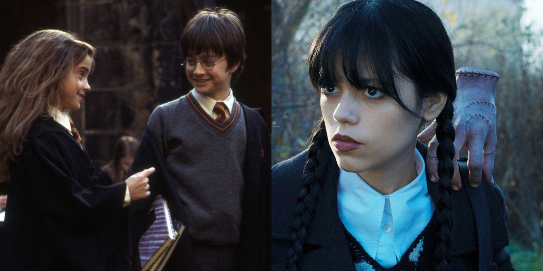 Split image of Hermione and Harry smiling in Harry Potter and Wednesday and Thing in Wednesday