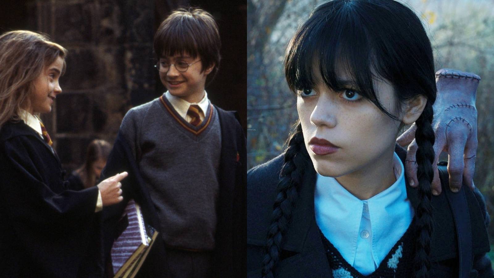 Split image of Hermione and Harry smiling in Harry Potter and Wednesday and Thing in Wednesday