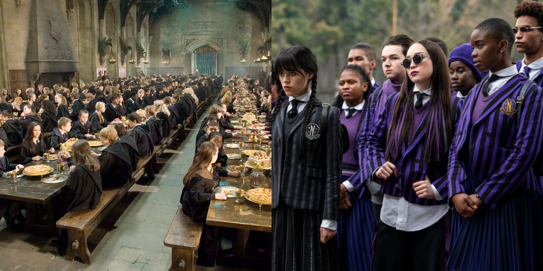 Split image of the dining hall at Hogwarts and characters on Wednesday