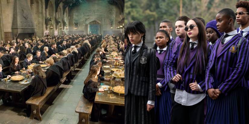 Split image of the dining hall at Hogwarts and characters on Wednesday