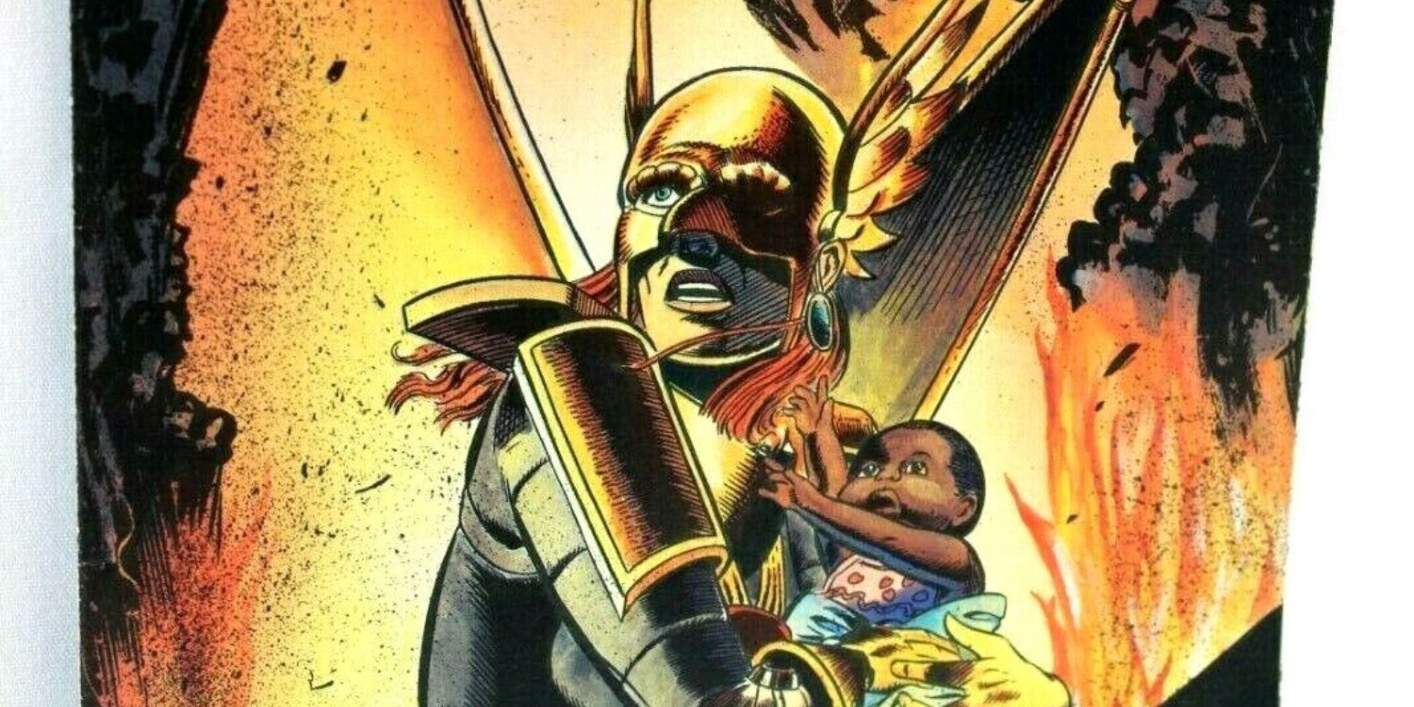 Hawkwoman protecting a baby in a comic cover