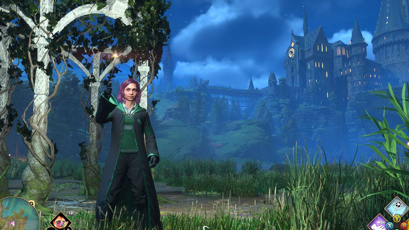 Hogwarts castle at night by Merlin Trial in Hogwarts Legacy