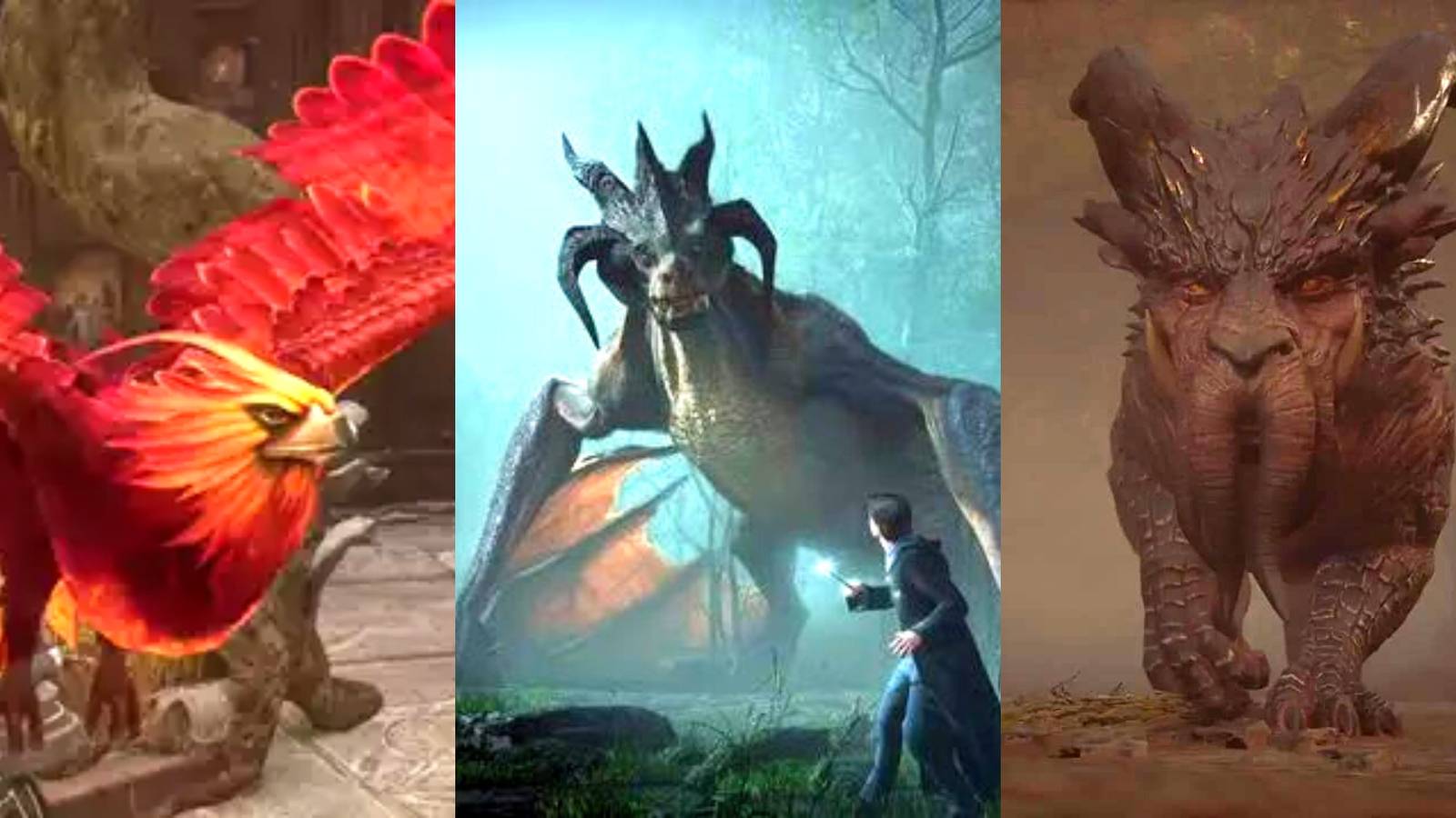 Phenix, Dragon and wizard, and Graphorn in Hogwarts Legacy