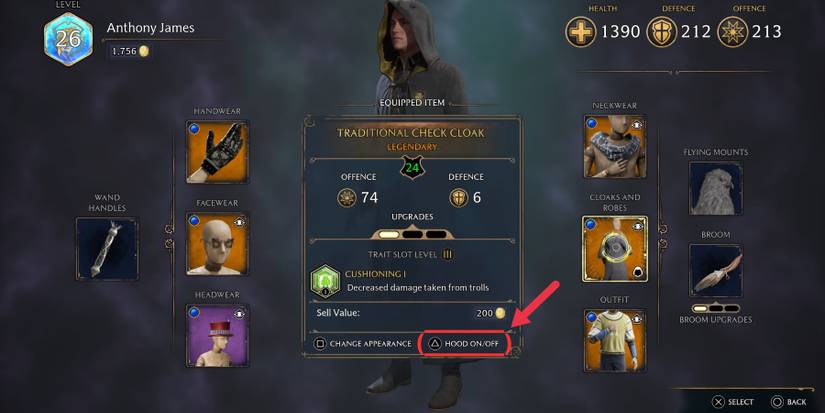 hogwarts legacy hood on off toggle